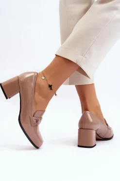 Online Lakierowane Czółenka Na Obcasie Beżowe Felicijana Damskie Czółenka Na Słupku|Czółenka Klasyczne