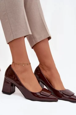 Sale Boto Lakierowane Czółenka Na Słupku Z Ozdobą Czekoladowe Isoline Brązowy