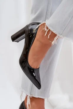 Hot Lakierowane Czółenka Na Słupkowym Obcasie Czarne Kilanne Damskie Czółenka Klasyczne