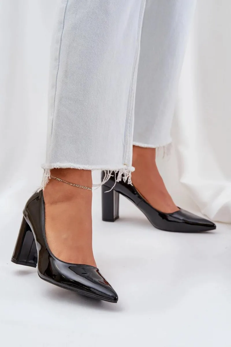 Hot Lakierowane Czółenka Na Słupkowym Obcasie Czarne Kilanne Damskie Czółenka Klasyczne