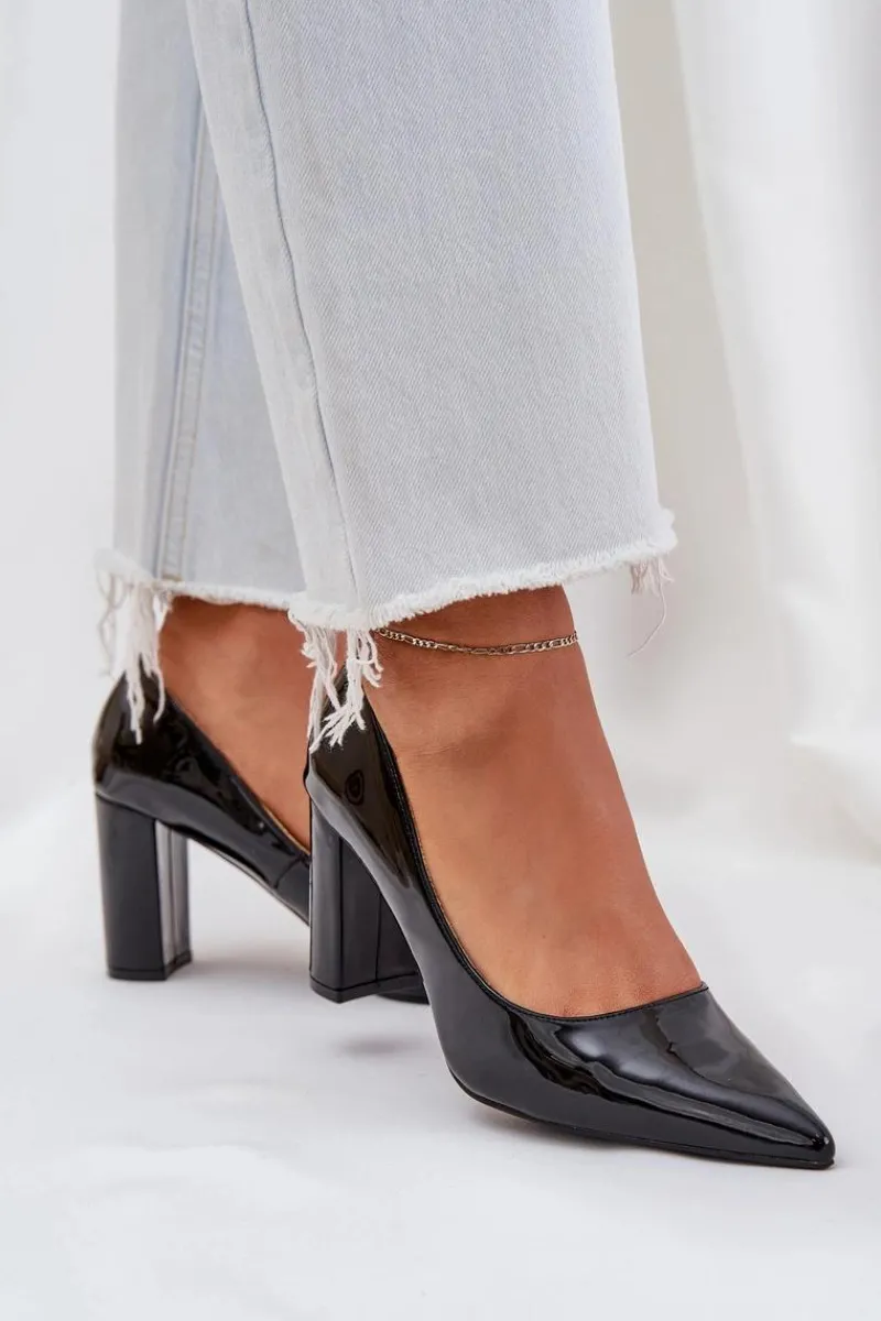 Hot Lakierowane Czółenka Na Słupkowym Obcasie Czarne Kilanne Damskie Czółenka Klasyczne