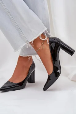 Hot Lakierowane Czółenka Na Słupkowym Obcasie Czarne Kilanne Damskie Czółenka Klasyczne