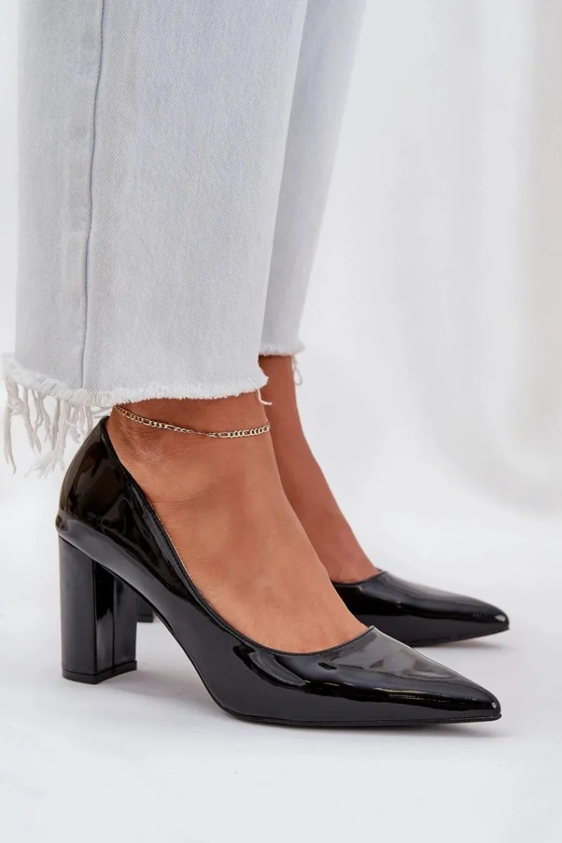 Hot Lakierowane Czółenka Na Słupkowym Obcasie Czarne Kilanne Damskie Czółenka Klasyczne