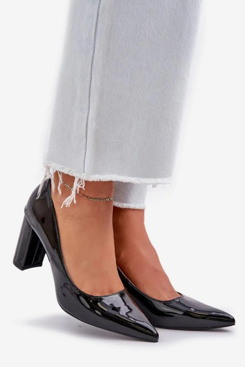 Hot Lakierowane Czółenka Na Słupkowym Obcasie Czarne Kilanne Damskie Czółenka Klasyczne