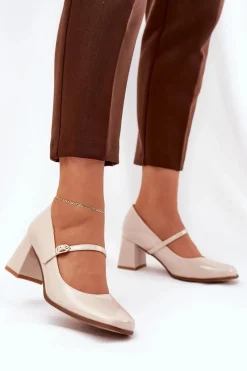 Czółenka Na Słupku|Czółenka Klasyczne>Boto Lakierowane Czółenka Na Słupku Z Paskiem I Sprzączką Beżowe Tammirea