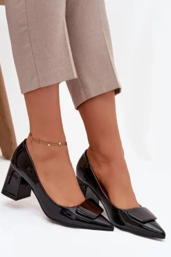 Sale Boto Lakierowane Czółenka Na Słupku Z Ozdobą Czarne Isoline Czarny