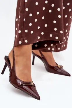 Sale Lakierowane Czółenka Na Szpilce Ze Złotą Klamrą Czekoladowe Vivae Damskie Szpilki Lakierowane|Czółenka Klasyczne