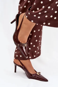 Sale Lakierowane Czółenka Na Szpilce Ze Złotą Klamrą Czekoladowe Vivae Damskie Szpilki Lakierowane|Czółenka Klasyczne