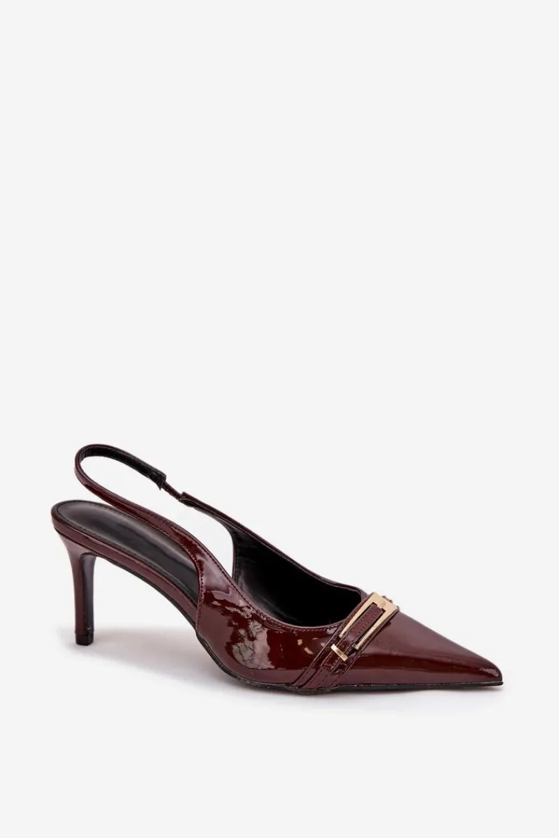 Sale Lakierowane Czółenka Na Szpilce Ze Złotą Klamrą Czekoladowe Vivae Damskie Szpilki Lakierowane|Czółenka Klasyczne