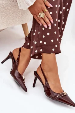 Sale Lakierowane Czółenka Na Szpilce Ze Złotą Klamrą Czekoladowe Vivae Damskie Szpilki Lakierowane|Czółenka Klasyczne