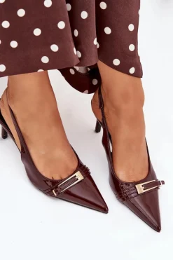 Sale Lakierowane Czółenka Na Szpilce Ze Złotą Klamrą Czekoladowe Vivae Damskie Szpilki Lakierowane|Czółenka Klasyczne