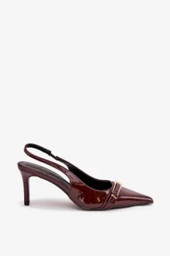 Sale Lakierowane Czółenka Na Szpilce Ze Złotą Klamrą Czekoladowe Vivae Damskie Szpilki Lakierowane|Czółenka Klasyczne