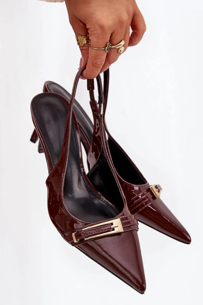 Sale Lakierowane Czółenka Na Szpilce Ze Złotą Klamrą Czekoladowe Vivae Damskie Szpilki Lakierowane|Czółenka Klasyczne