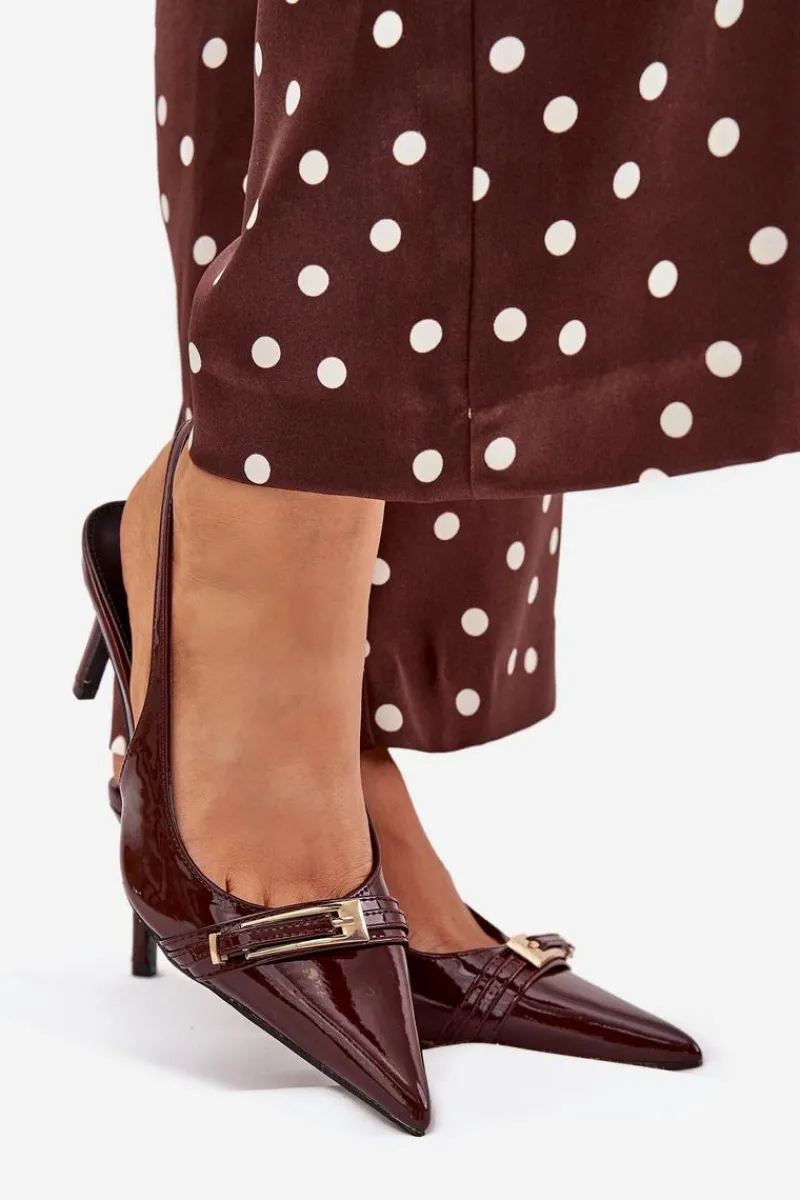 Sale Lakierowane Czółenka Na Szpilce Ze Złotą Klamrą Czekoladowe Vivae Damskie Szpilki Lakierowane|Czółenka Klasyczne