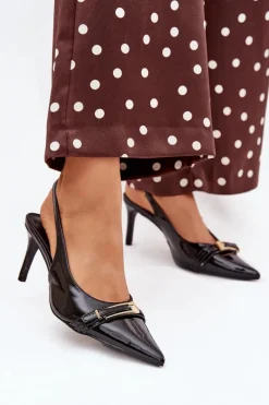 Outlet Boto Lakierowane Czółenka Na Szpilce Ze Złotą Klamrą Czarne Vivae Czarny