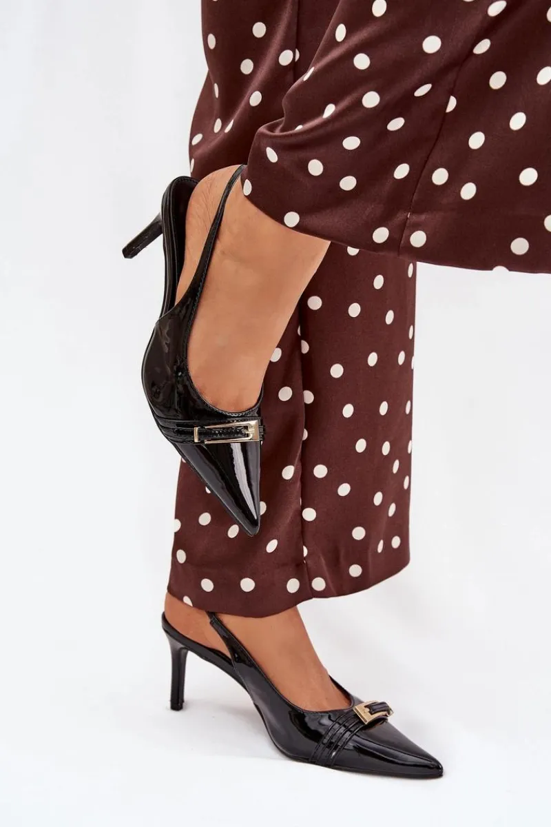 Outlet Boto Lakierowane Czółenka Na Szpilce Ze Złotą Klamrą Czarne Vivae Czarny