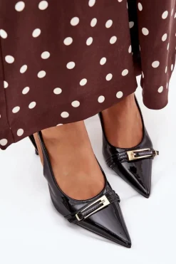 Outlet Boto Lakierowane Czółenka Na Szpilce Ze Złotą Klamrą Czarne Vivae Czarny