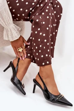 Outlet Boto Lakierowane Czółenka Na Szpilce Ze Złotą Klamrą Czarne Vivae Czarny