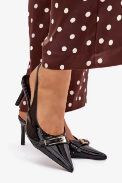 Outlet Boto Lakierowane Czółenka Na Szpilce Ze Złotą Klamrą Czarne Vivae Czarny