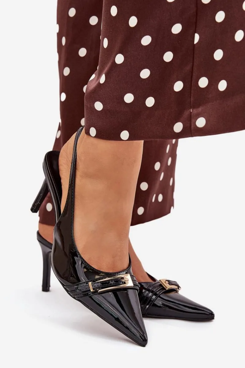 Outlet Boto Lakierowane Czółenka Na Szpilce Ze Złotą Klamrą Czarne Vivae Czarny