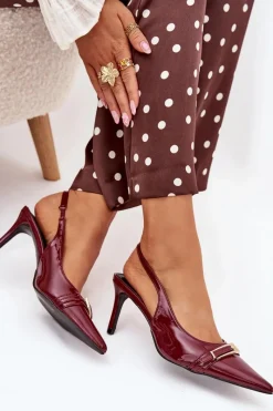 Sale Lakierowane Czółenka Na Szpilce Ze Złotą Klamrą Bordowe Vivae Damskie Szpilki Lakierowane|Czółenka Klasyczne