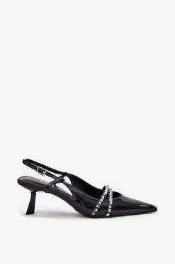 Online Boto Lakierowane Czółenka Na Szpilce Z Ozdobnymi Paskami Czarne Jelmia