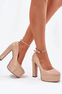 Hot Boto Lakierowane Czółenka Na Wysokim Słupku I Platformie Beżowe Nianka