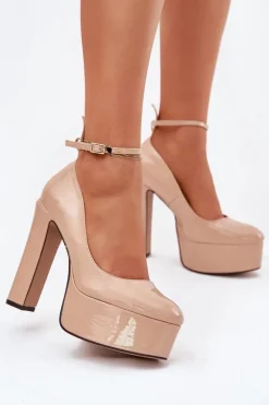 Hot Boto Lakierowane Czółenka Na Wysokim Słupku I Platformie Beżowe Nianka