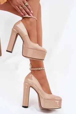 Hot Boto Lakierowane Czółenka Na Wysokim Słupku I Platformie Beżowe Nianka