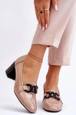Lakierowane Czółenka Z Łańcuchem Beżowe Keilani Damskie Czółenka Na Słupku|Czółenka Klasyczne