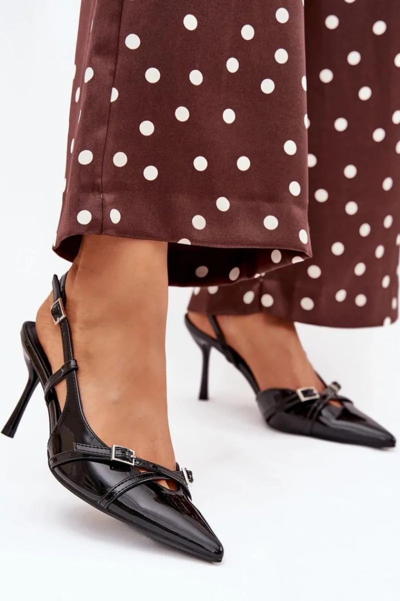 Clearance Boto Lakierowane Czółenka Z Odkrytą Piętą I Paseczkami Czarne Ravira Czarny