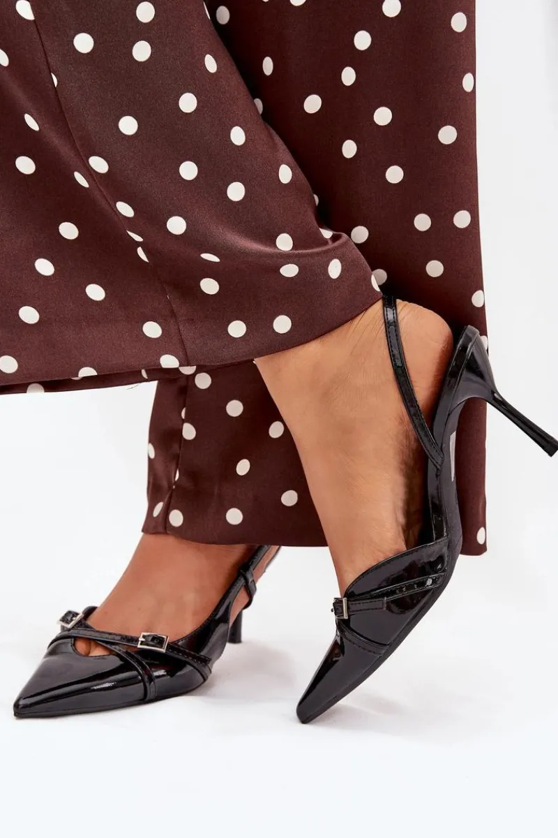 Clearance Boto Lakierowane Czółenka Z Odkrytą Piętą I Paseczkami Czarne Ravira Czarny