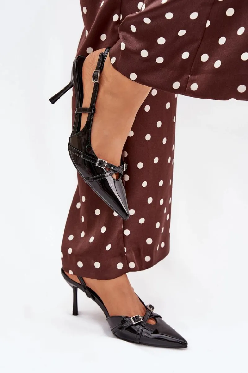 Clearance Boto Lakierowane Czółenka Z Odkrytą Piętą I Paseczkami Czarne Ravira Czarny