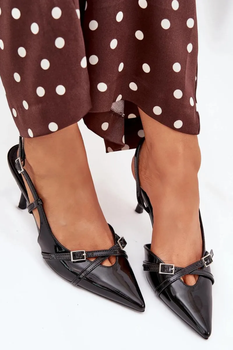 Clearance Boto Lakierowane Czółenka Z Odkrytą Piętą I Paseczkami Czarne Ravira Czarny