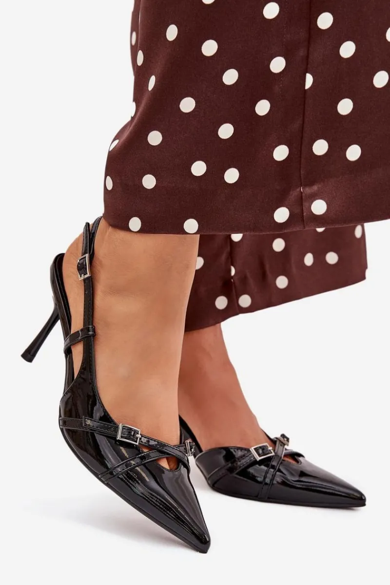 Clearance Boto Lakierowane Czółenka Z Odkrytą Piętą I Paseczkami Czarne Ravira Czarny