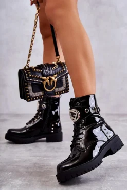 Botki Sznurowane|Czarne Botki>Boto Lakierowane Damskie Botki Z Ćwiekami Czarne Leticia