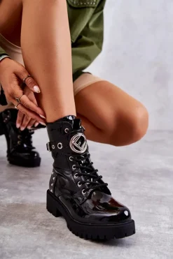 Botki Sznurowane|Czarne Botki>Boto Lakierowane Damskie Botki Z Ćwiekami Czarne Leticia