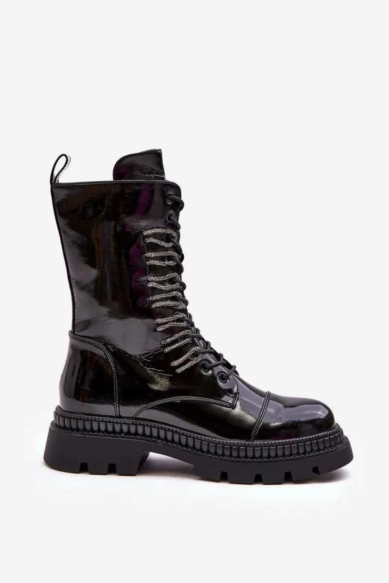 Botki Ocieplane|Botki Sznurowane>Damskie buty S.Barski Lakierowane Damskie Botki Workery Sznurowane Czarne S.Barski MR870-72