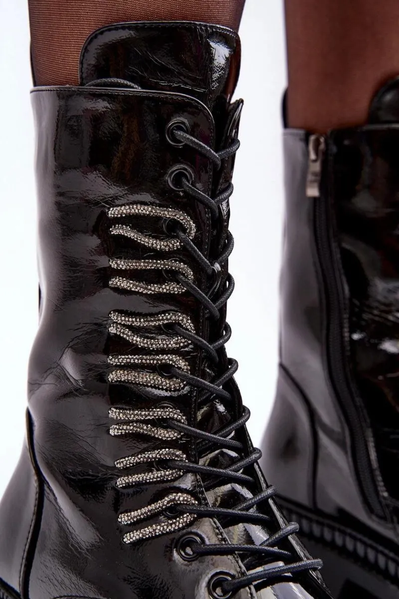 Botki Ocieplane|Botki Sznurowane>Damskie buty S.Barski Lakierowane Damskie Botki Workery Sznurowane Czarne S.Barski MR870-72