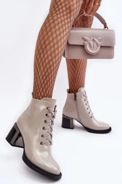 New Damskie buty S.Barski Lakierowane Damskie Botki D&A MR870-98 Jasnoszare