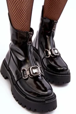 Best Lakierowane Damskie Botki Na Suwak D&A MR870-94 Czarne Damskie Botki Ocieplane|Botki Zimowe Damskie