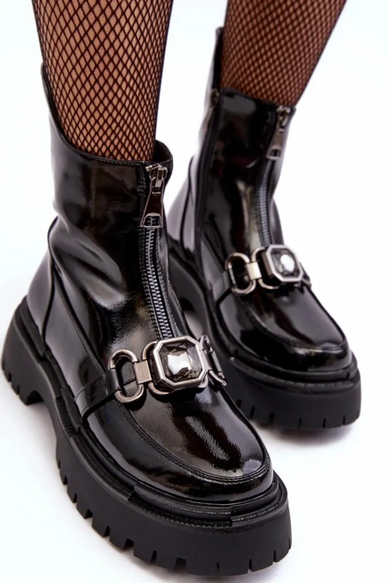 Best Lakierowane Damskie Botki Na Suwak D&A MR870-94 Czarne Damskie Botki Ocieplane|Botki Zimowe Damskie