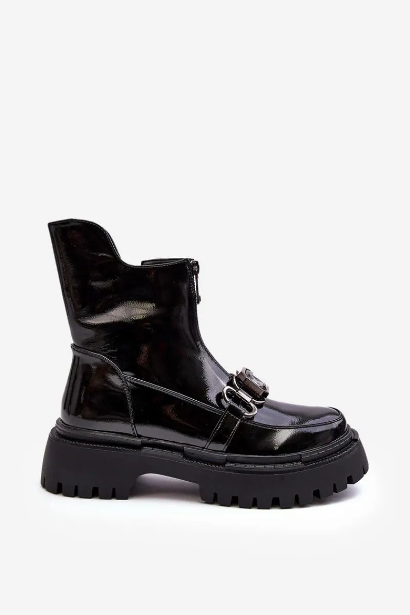 Best Lakierowane Damskie Botki Na Suwak D&A MR870-94 Czarne Damskie Botki Ocieplane|Botki Zimowe Damskie