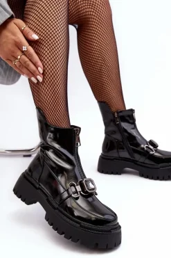 Best Lakierowane Damskie Botki Na Suwak D&A MR870-94 Czarne Damskie Botki Ocieplane|Botki Zimowe Damskie