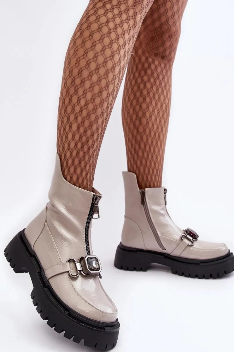 Botki Ocieplane|Botki Zimowe Damskie>Damskie buty S.Barski Lakierowane Damskie Botki Na Suwak D&A MR870-94 Jasnoszare Szary