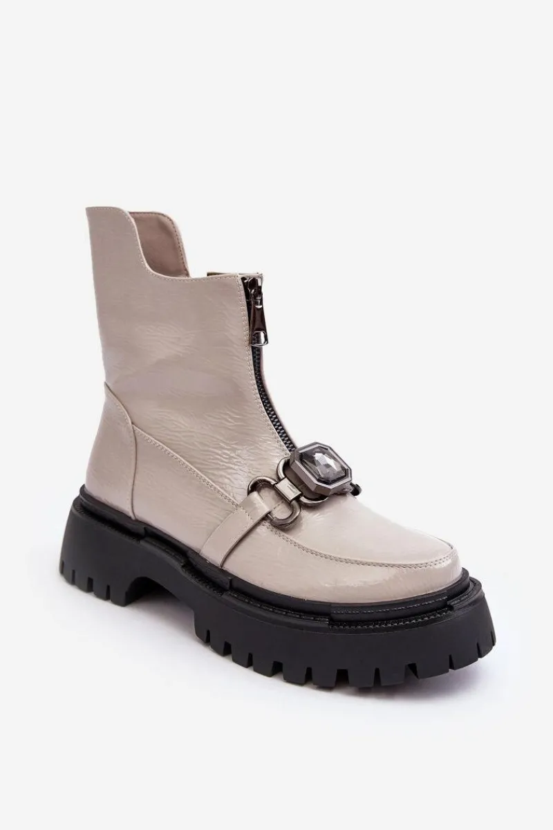 Botki Ocieplane|Botki Zimowe Damskie>Damskie buty S.Barski Lakierowane Damskie Botki Na Suwak D&A MR870-94 Jasnoszare Szary