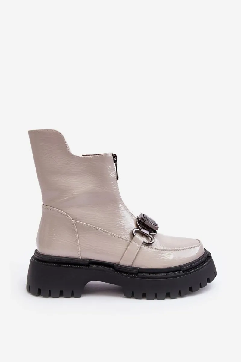 Botki Ocieplane|Botki Zimowe Damskie>Damskie buty S.Barski Lakierowane Damskie Botki Na Suwak D&A MR870-94 Jasnoszare Szary