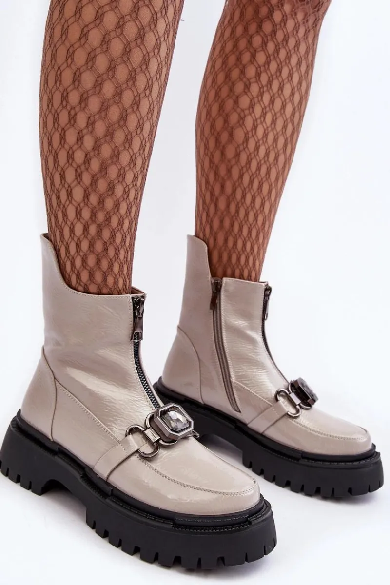 Botki Ocieplane|Botki Zimowe Damskie>Damskie buty S.Barski Lakierowane Damskie Botki Na Suwak D&A MR870-94 Jasnoszare Szary