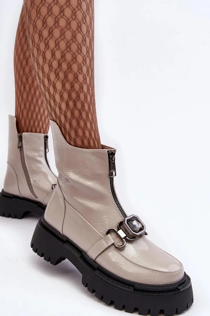 Botki Ocieplane|Botki Zimowe Damskie>Damskie buty S.Barski Lakierowane Damskie Botki Na Suwak D&A MR870-94 Jasnoszare Szary