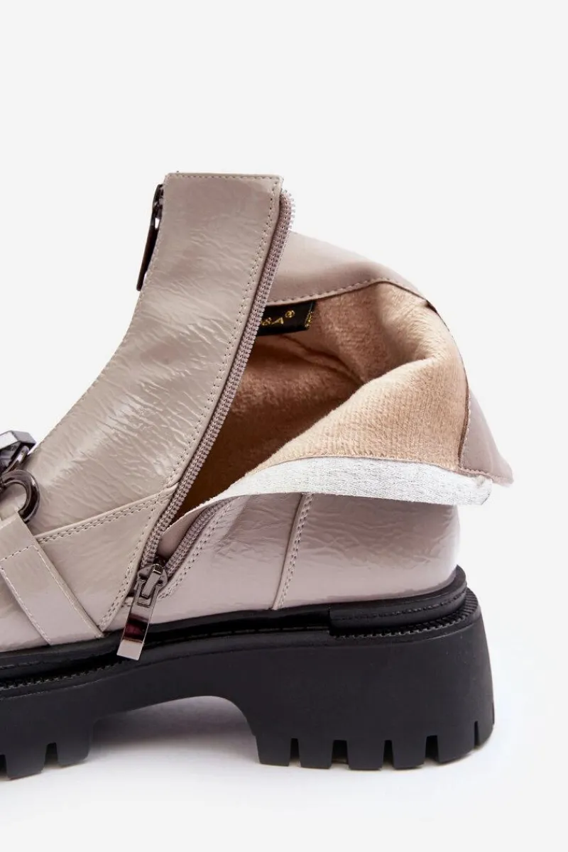 Botki Ocieplane|Botki Zimowe Damskie>Damskie buty S.Barski Lakierowane Damskie Botki Na Suwak D&A MR870-94 Jasnoszare Szary